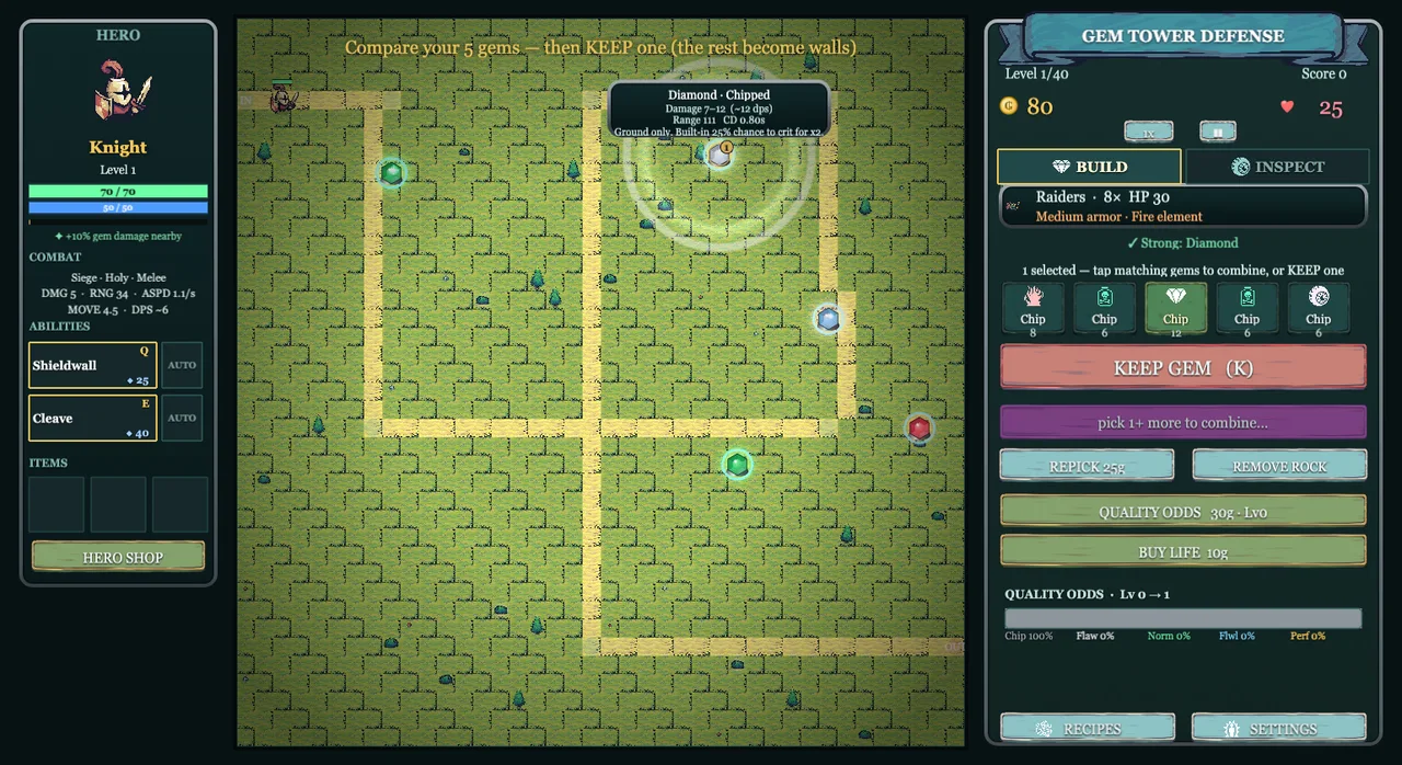 Gem TD build phase: placing gems and choosing which to keep