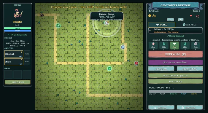 Gem TD gameplay board with gem towers