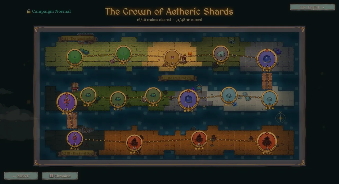 Gem TD 16-realm campaign world map, fully cleared